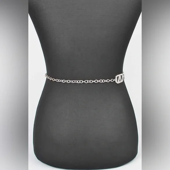 Plus Size Rhinestone Silver & Gold Metal Chain Adjustable Statement Belt - Picture 5 of 6